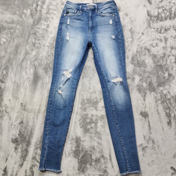 KanCan Jeans Womens 26 Blue Distressed Skinny Curvy High Rise Cuffed Raw Hem - Picture 1 of 13